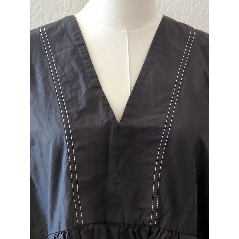 Zara Denim 100% Cotton blue V neck blouse Size L charcoal with white stitching